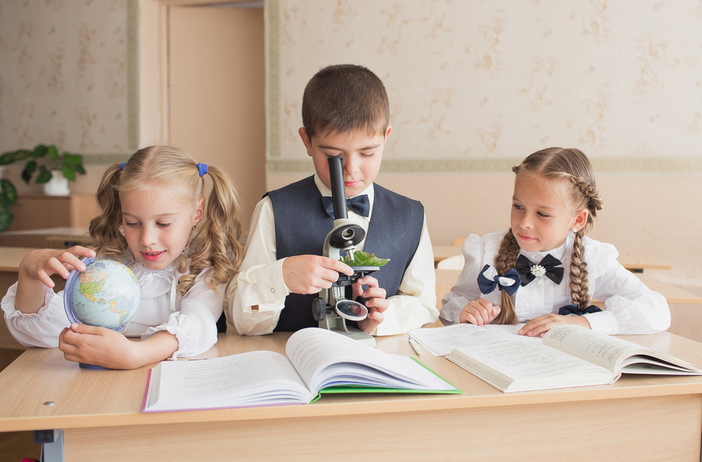  Students with a Microscope Study Biology in the School Laboratory
